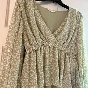 Floral Green V-Neck Blouse